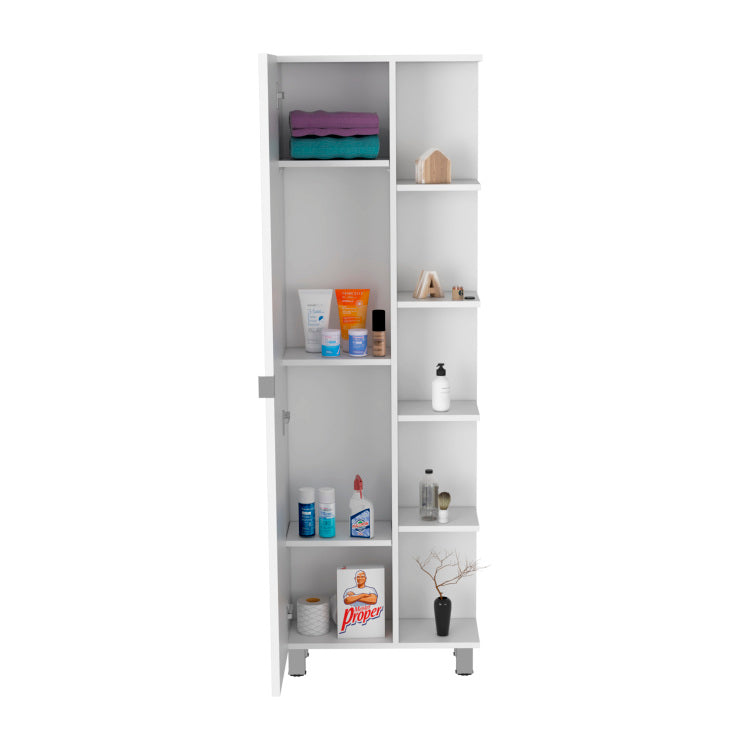 Urano Corner Linen Cabinet, Five External Shelves, Single Door, Four Interior Shelves White