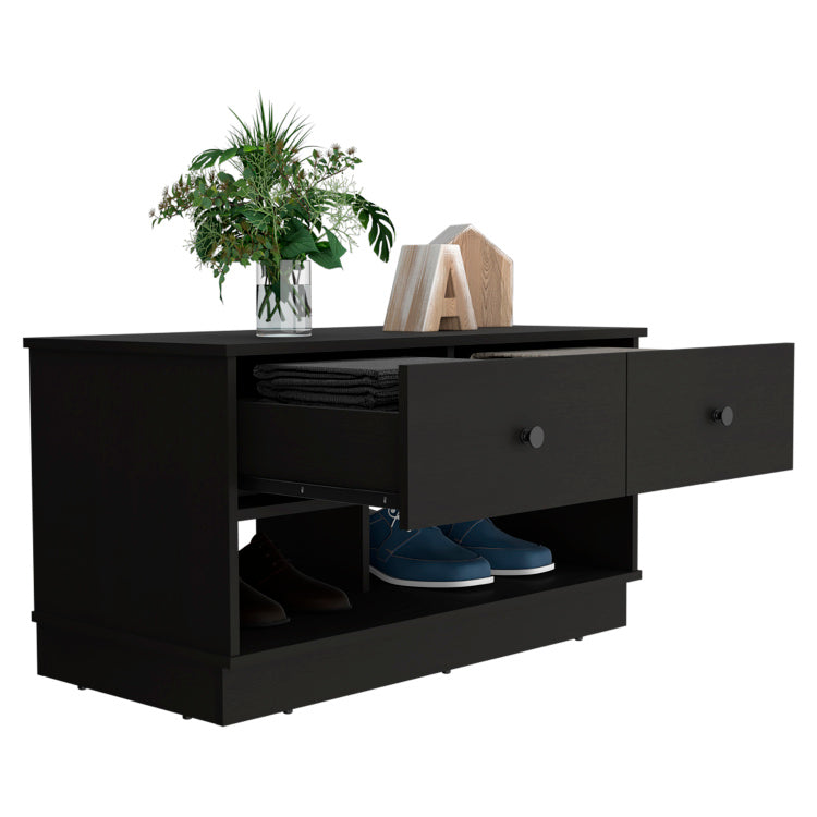 Hamilton Storage Bench, Two Open Shelves, Two Drawers Black