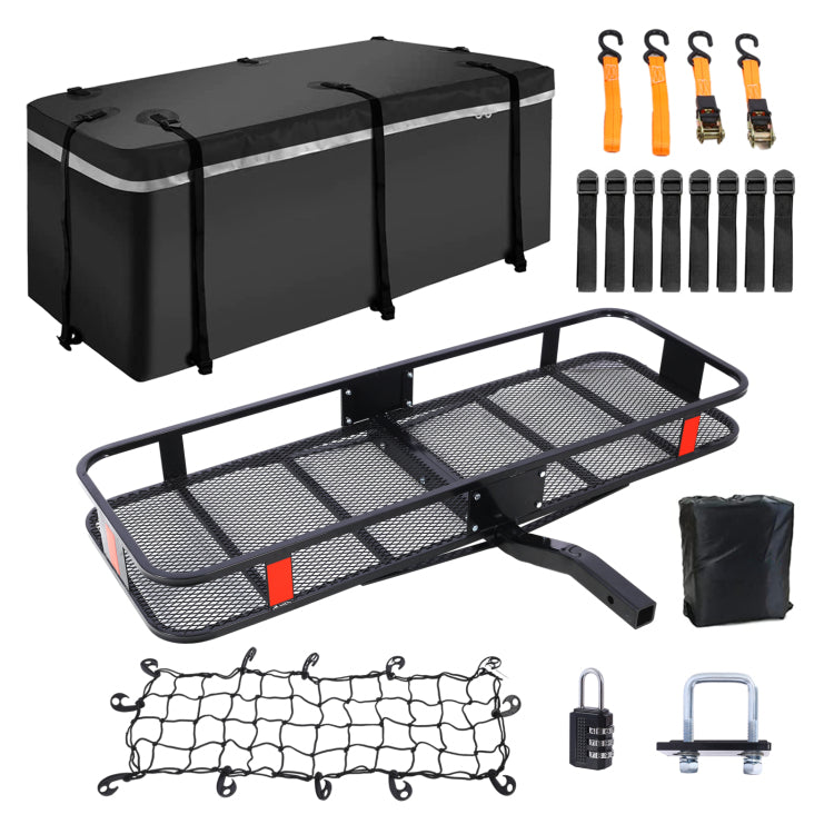 Hitch Mount Cargo Carrier Basket 60" X 21" X 6" Waterproof Cargo Bag 13 Cubic Feet 56" 20" 20" ,Hauling Weight Capacity Of 500 Lbs And A Folding Arm.With Hitch Stabilizer,Net And Straps