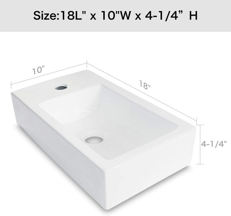 18X10 Inch White Ceramic Rectangle Wall Mount Bathroom Sink With Single Faucet Hole