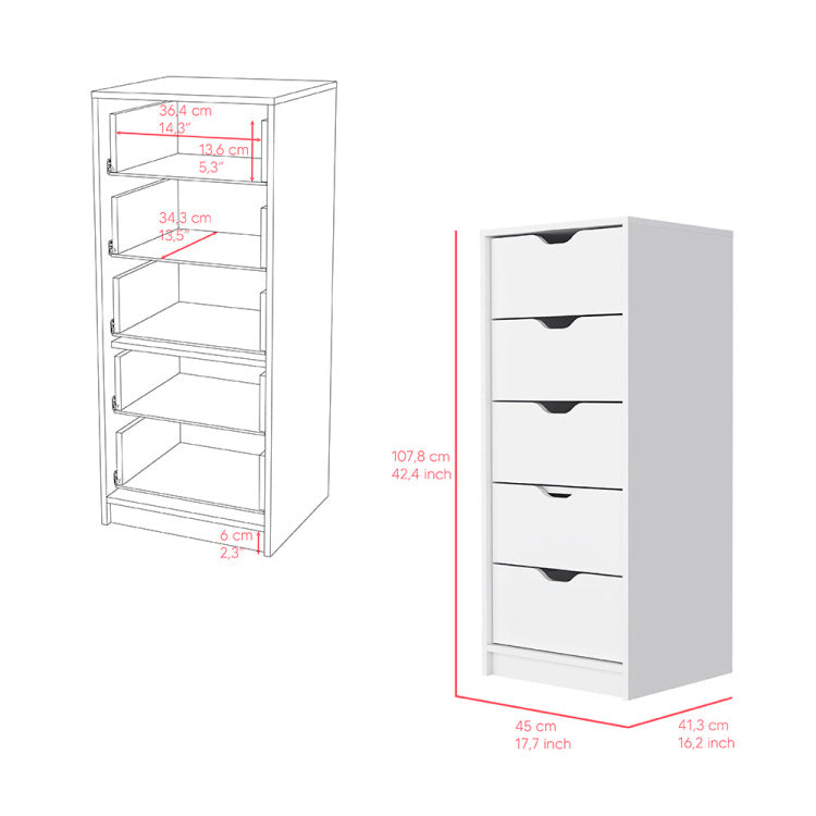 Dresser Kamran, Five Drawer Narrows, White Finish