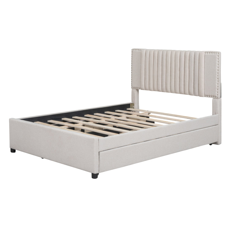 Full Size Upholstered Platform Bed With 2 Drawers And 1 Twin Size Trundle, Classic Headboard Design, Beige