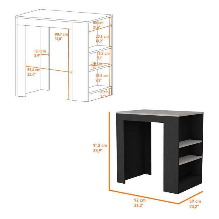 Kitchen Island Doyle, Three Side Shelves, Black Ibiza Marble Color Finish