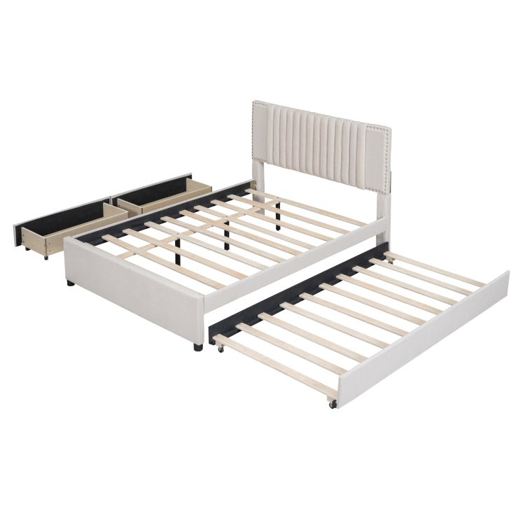 Full Size Upholstered Platform Bed With 2 Drawers And 1 Twin Size Trundle, Classic Headboard Design, Beige