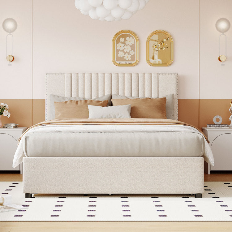 Full Size Upholstered Platform Bed With 2 Drawers And 1 Twin Size Trundle, Classic Headboard Design, Beige