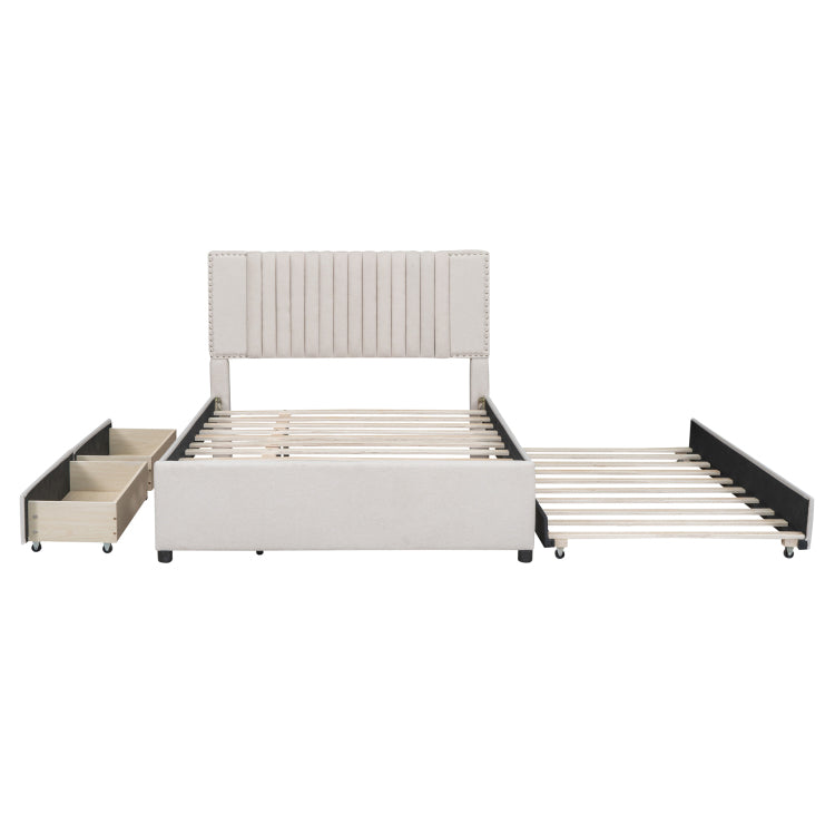Full Size Upholstered Platform Bed With 2 Drawers And 1 Twin Size Trundle, Classic Headboard Design, Beige
