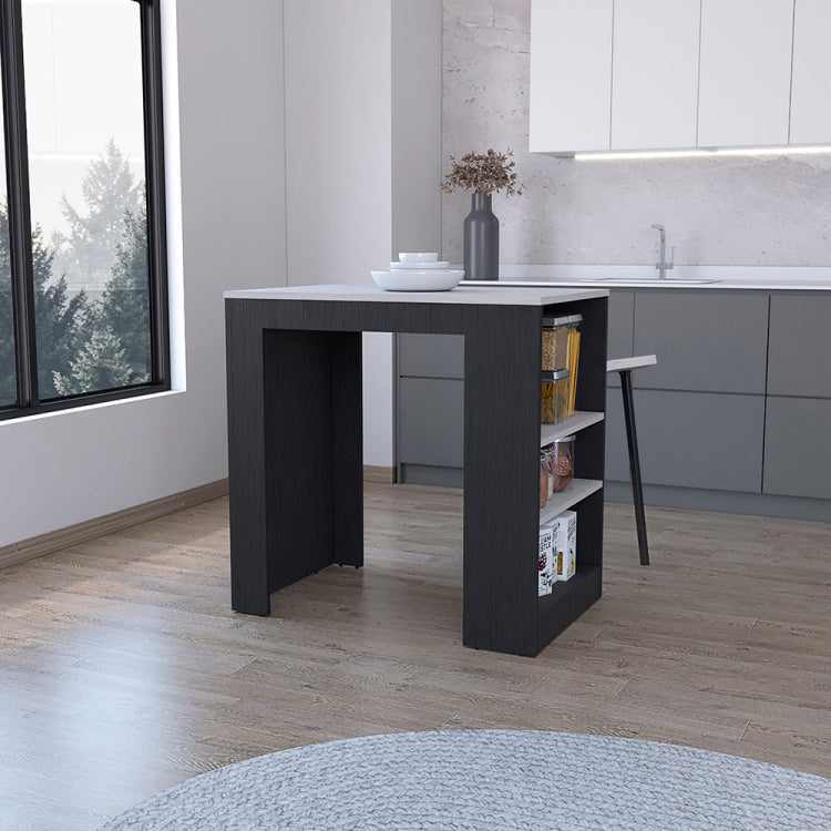 Kitchen Island Doyle, Three Side Shelves, Black Ibiza Marble Color Finish