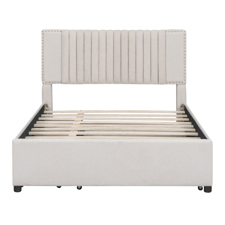 Full Size Upholstered Platform Bed With 2 Drawers And 1 Twin Size Trundle, Classic Headboard Design, Beige