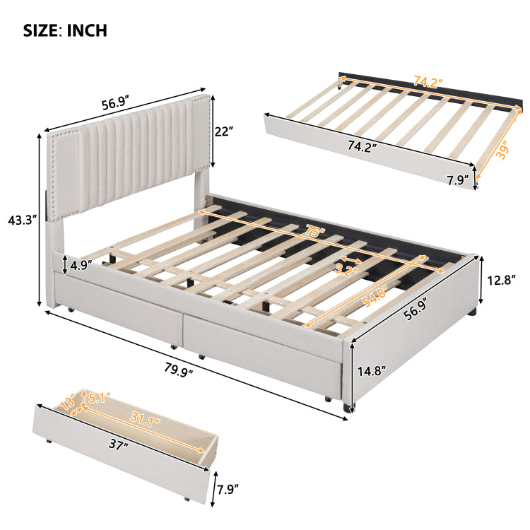 Full Size Upholstered Platform Bed With 2 Drawers And 1 Twin Size Trundle, Classic Headboard Design, Beige