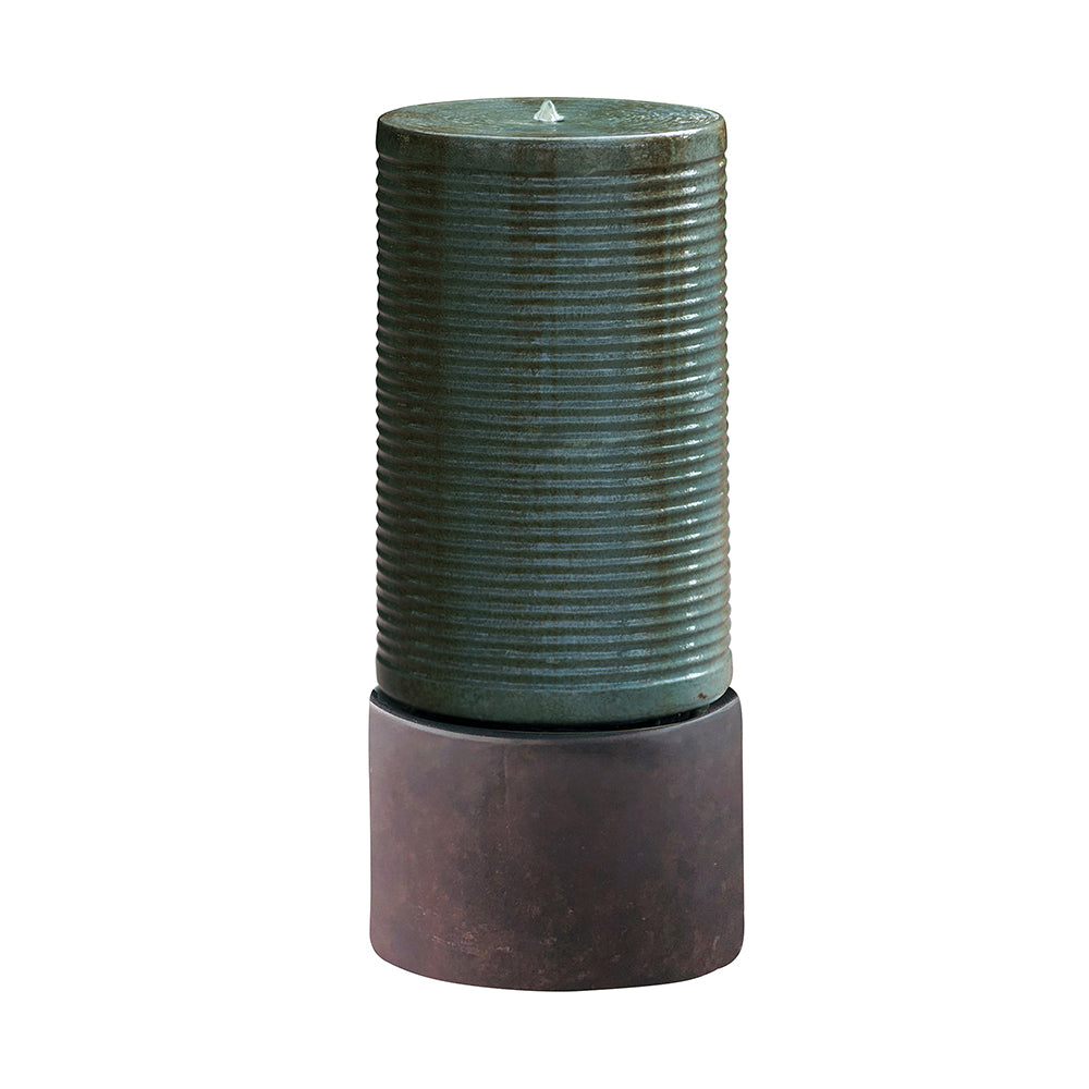 44" Tall Large Modern Cylinder Ribbed Tower Water Fountain With Rustic Base, Contemporary Antique Green Copper Finish Outdoor Bird Feeder Bath Cement Fountain
