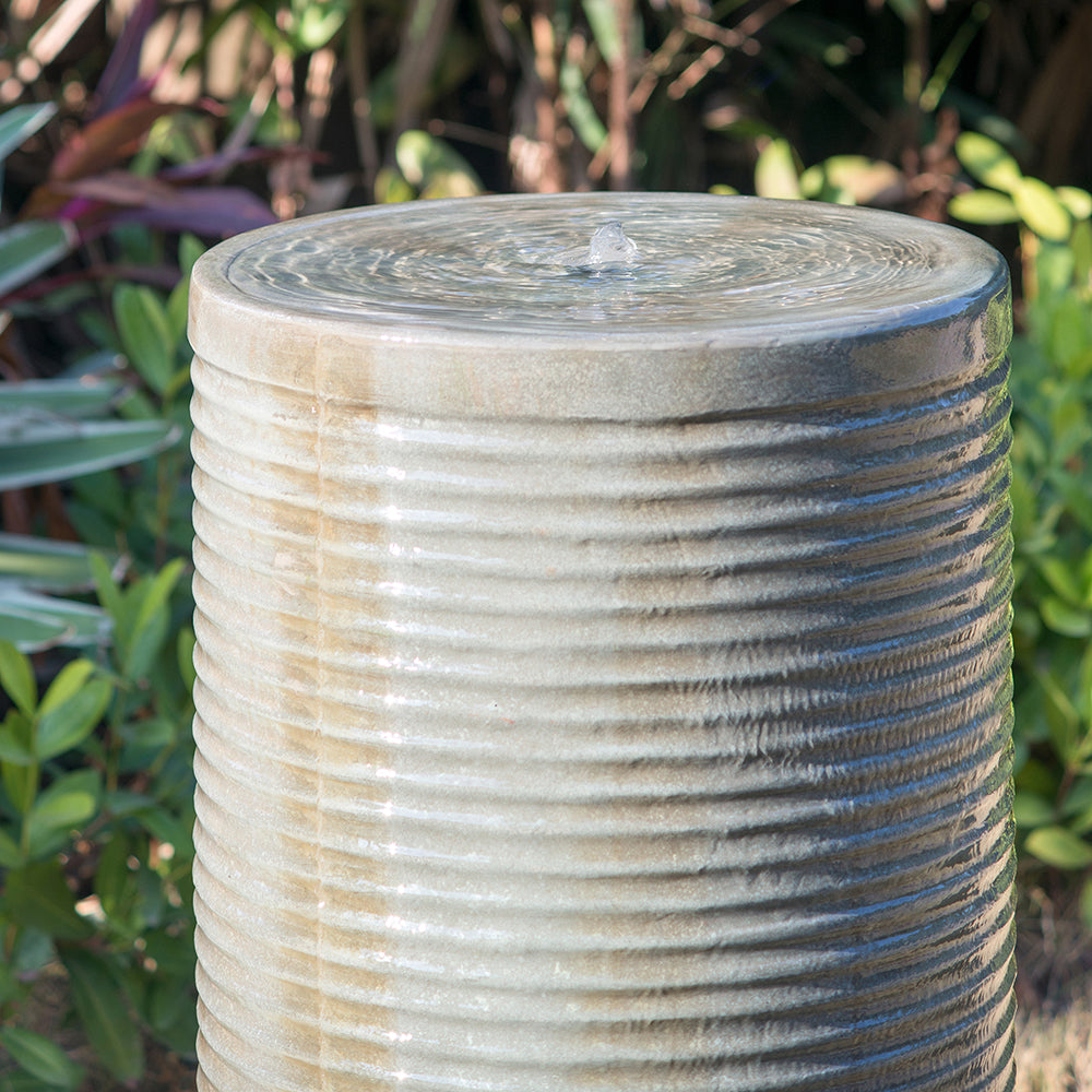 44" Tall Large Modern Cylinder Ribbed Tower Water Fountain With Rustic Base, Contemporary Antique Green Copper Finish Outdoor Bird Feeder Bath Cement Fountain
