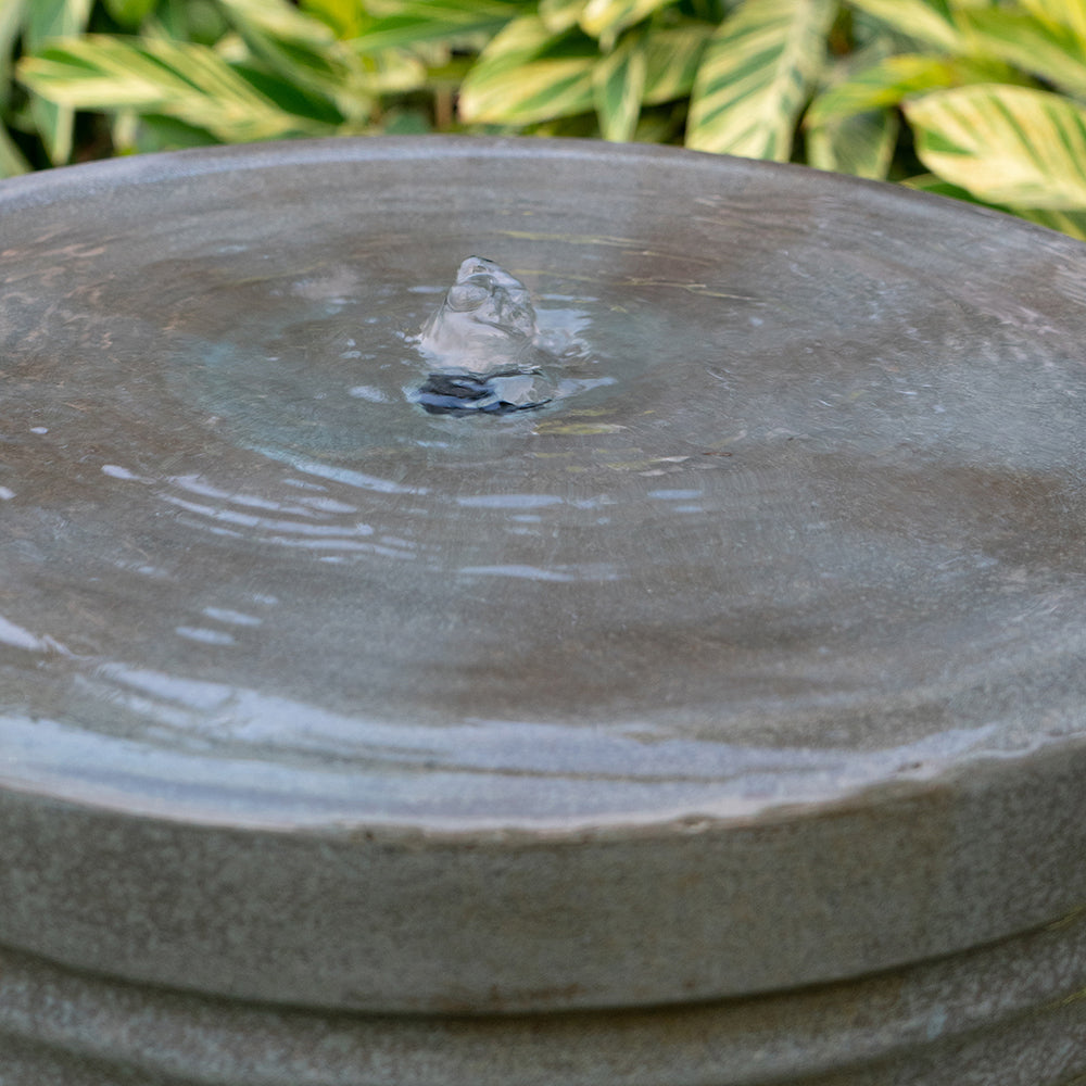 44" Tall Large Modern Cylinder Ribbed Tower Water Fountain With Rustic Base, Contemporary Antique Green Copper Finish Outdoor Bird Feeder Bath Cement Fountain