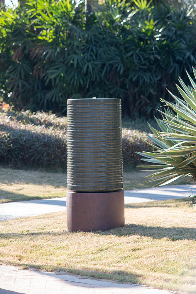 44" Tall Large Modern Cylinder Ribbed Tower Water Fountain With Rustic Base, Contemporary Antique Green Copper Finish Outdoor Bird Feeder Bath Cement Fountain