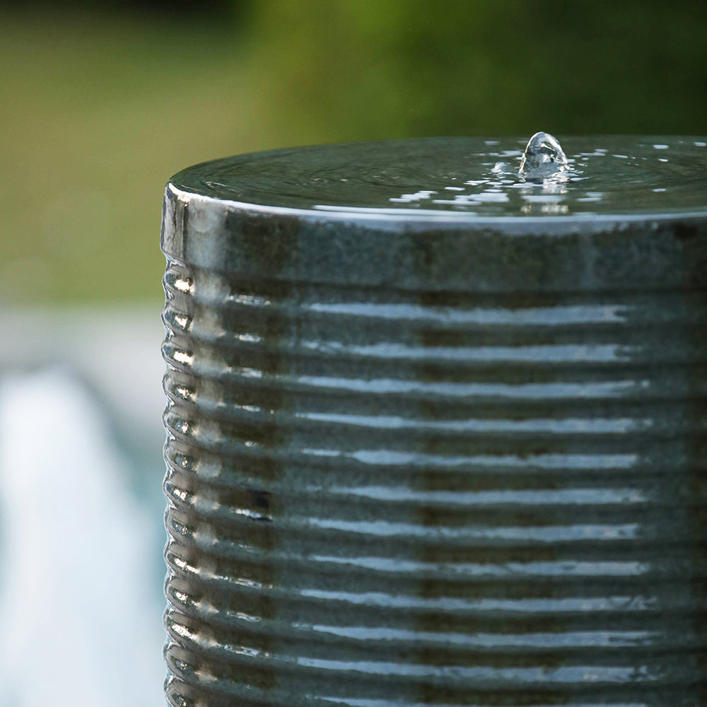 19.5X19.5X43.5" Large Concrete Cylinder Green & Brown Ribbed Water Fountain, Outdoor Bird Feeder Bath Fountain, Modern Industrial Style