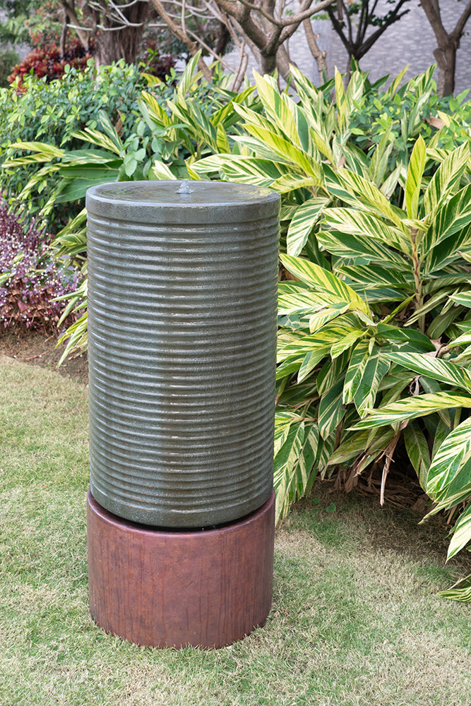44" Tall Large Modern Cylinder Ribbed Tower Water Fountain With Rustic Base, Contemporary Antique Green Copper Finish Outdoor Bird Feeder Bath Cement Fountain