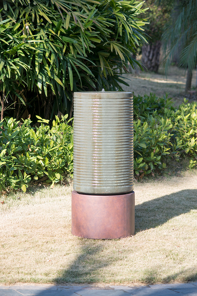 44" Tall Large Modern Cylinder Ribbed Tower Water Fountain With Rustic Base, Contemporary Antique Green Copper Finish Outdoor Bird Feeder Bath Cement Fountain