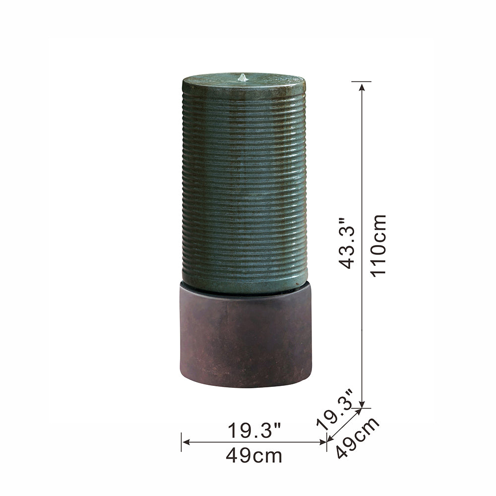 44" Tall Large Modern Cylinder Ribbed Tower Water Fountain With Rustic Base, Contemporary Antique Green Copper Finish Outdoor Bird Feeder Bath Cement Fountain