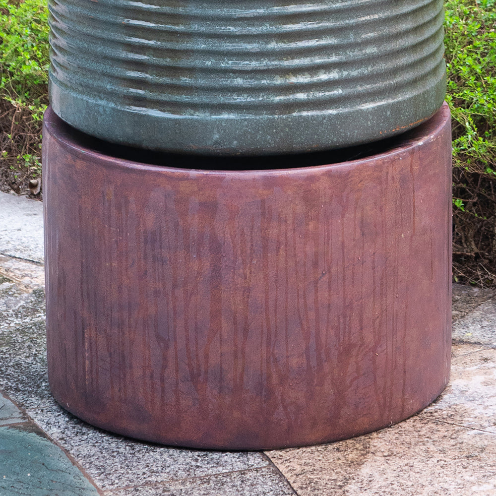 44" Tall Large Modern Cylinder Ribbed Tower Water Fountain With Rustic Base, Contemporary Antique Green Copper Finish Outdoor Bird Feeder Bath Cement Fountain