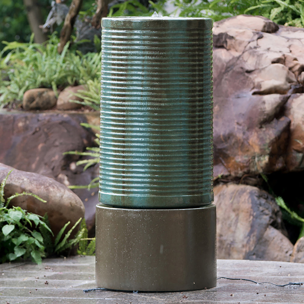 19.5X19.5X43.5" Large Concrete Cylinder Green & Brown Ribbed Water Fountain, Outdoor Bird Feeder Bath Fountain, Modern Industrial Style