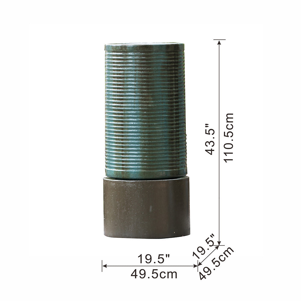 19.5X19.5X43.5" Large Concrete Cylinder Green & Brown Ribbed Water Fountain, Outdoor Bird Feeder Bath Fountain, Modern Industrial Style
