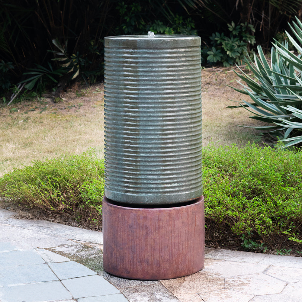 44" Tall Large Modern Cylinder Ribbed Tower Water Fountain With Rustic Base, Contemporary Antique Green Copper Finish Outdoor Bird Feeder Bath Cement Fountain