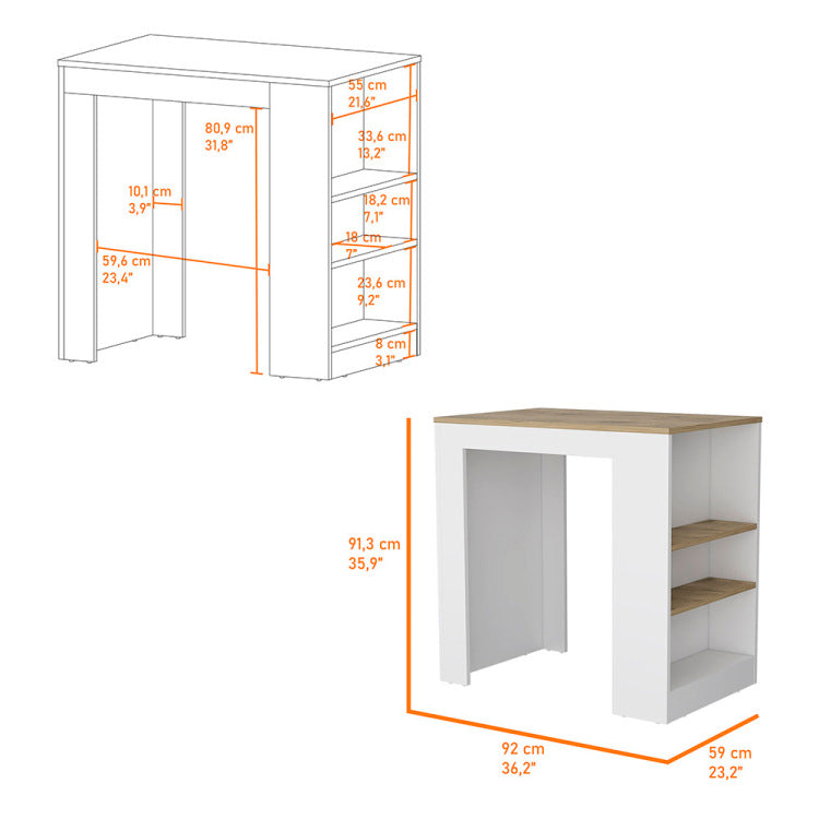 Kitchen Island Doyle, Three Side Shelves, White And Light Oak Finish
