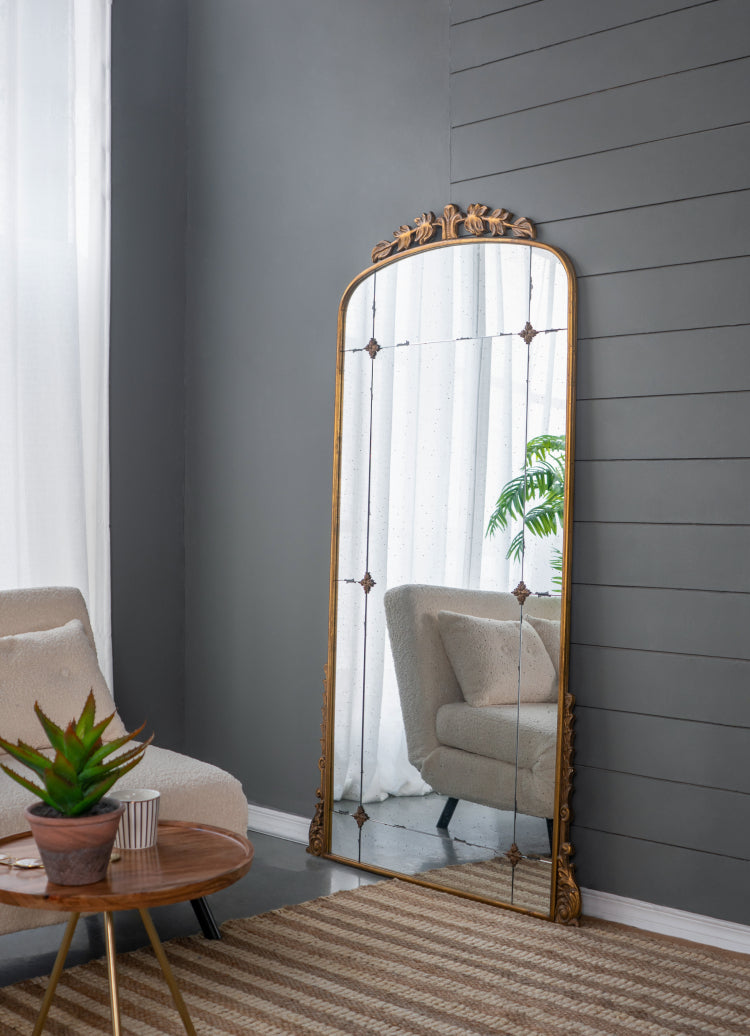 76" X 40" Lavish Full Length Mirror, Antique Gold Metal Floor Mirror For Living Room, Bedroom