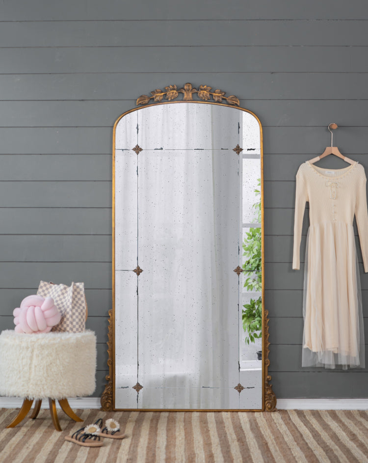76" X 40" Lavish Full Length Mirror, Antique Gold Metal Floor Mirror For Living Room, Bedroom