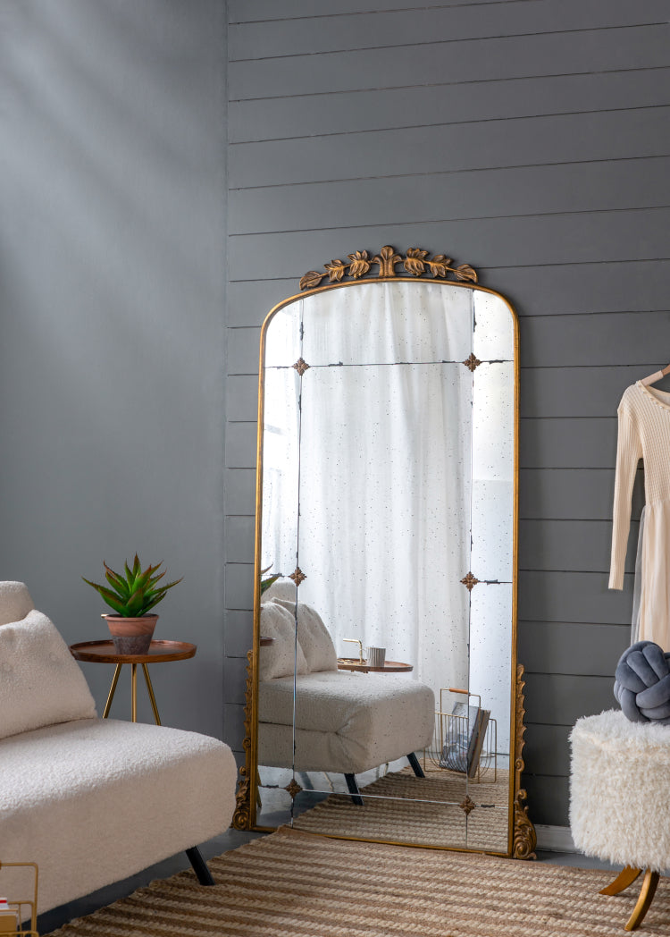 76" X 40" Lavish Full Length Mirror, Antique Gold Metal Floor Mirror For Living Room, Bedroom