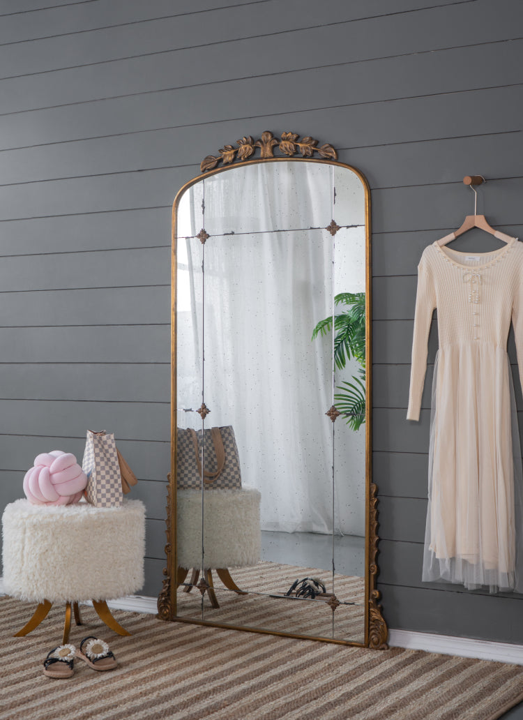 76" X 40" Lavish Full Length Mirror, Antique Gold Metal Floor Mirror For Living Room, Bedroom