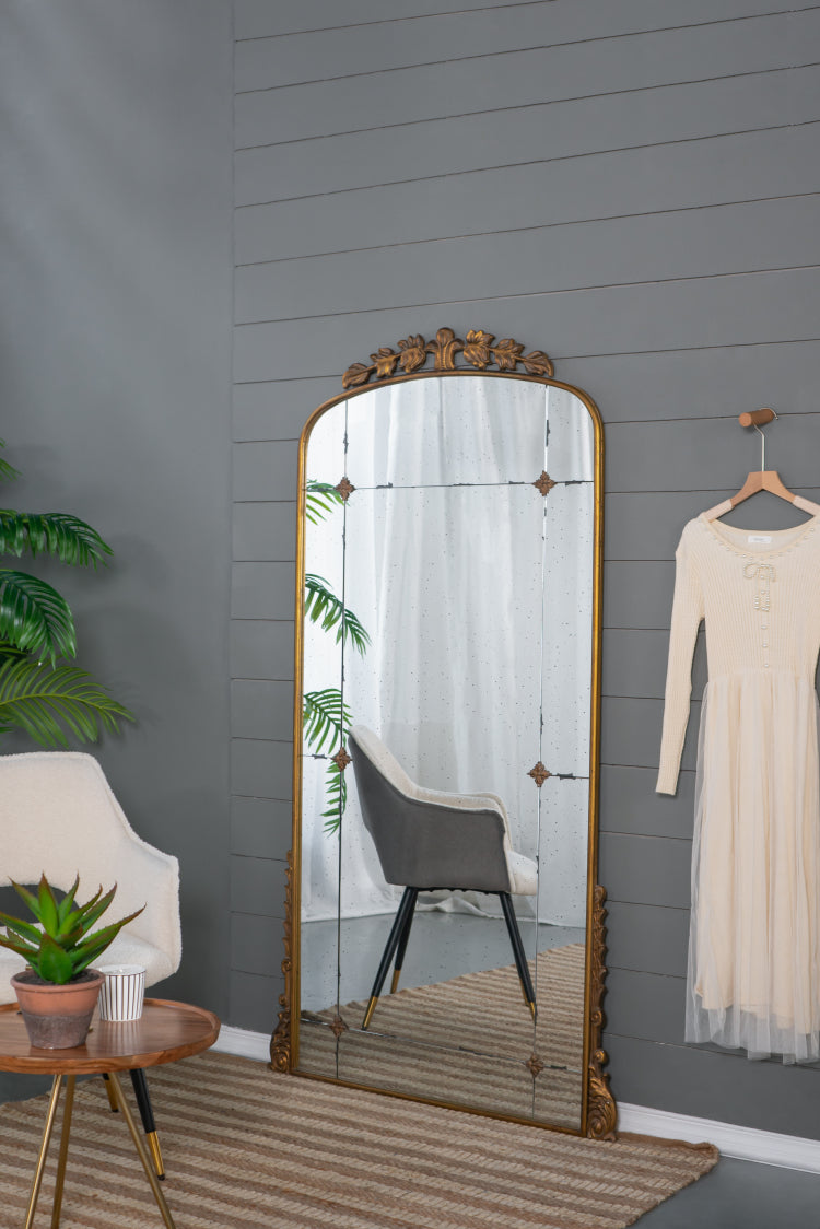 76" X 40" Lavish Full Length Mirror, Antique Gold Metal Floor Mirror For Living Room, Bedroom