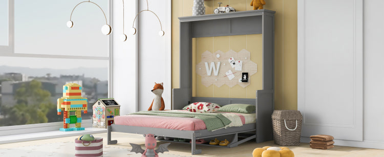 Queen Size Murphy Bed With A Shelf, Gray