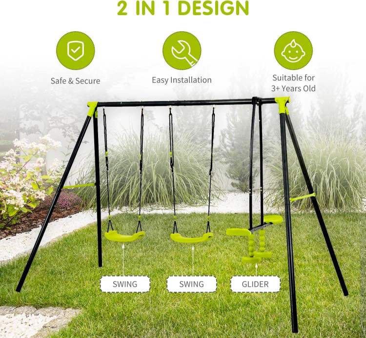 Xns008 Interesting Triple Children Metal Safe Swing Set 440Lbs For Outdoor Playground Three Seat Swing Black And Green For Age 3