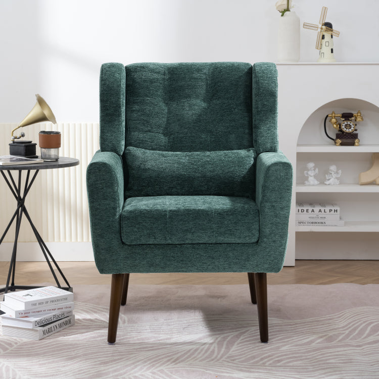 Modern Accent Chair,Chenille Arm Chairs For Living Room,Upholstered Mordern Armchair,Comfy Soft Padded Lounge Chair In Small Space, Bedroom, W Pillow, Solid Wood Leg Blackish Green