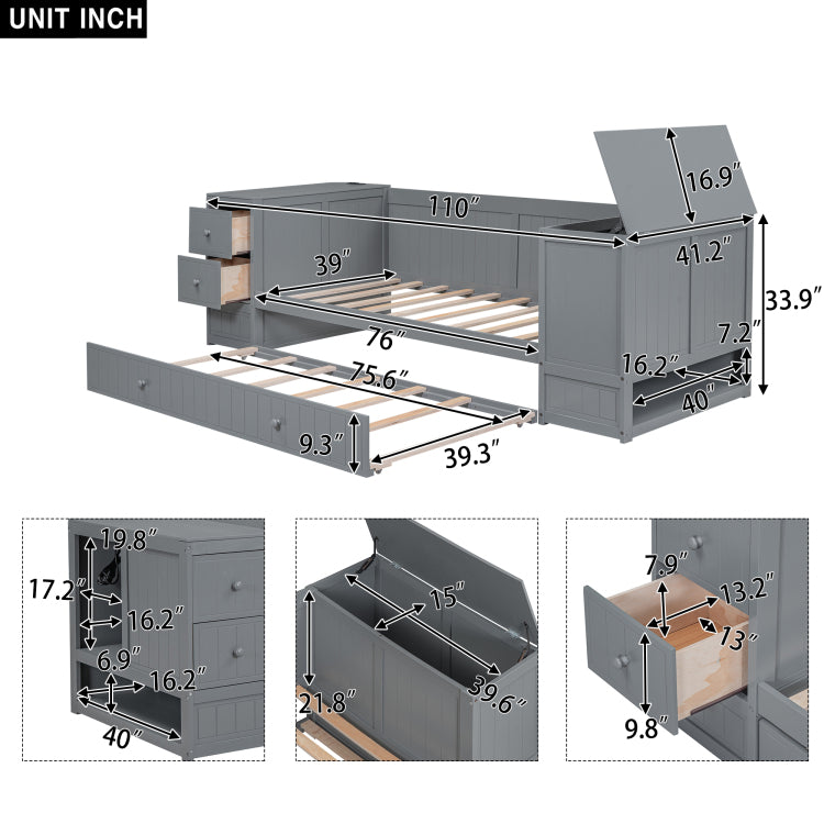 Twin Size Daybed With Storage Arms, Trundle And Charging Station, Gray