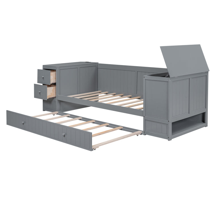 Twin Size Daybed With Storage Arms, Trundle And Charging Station, Gray