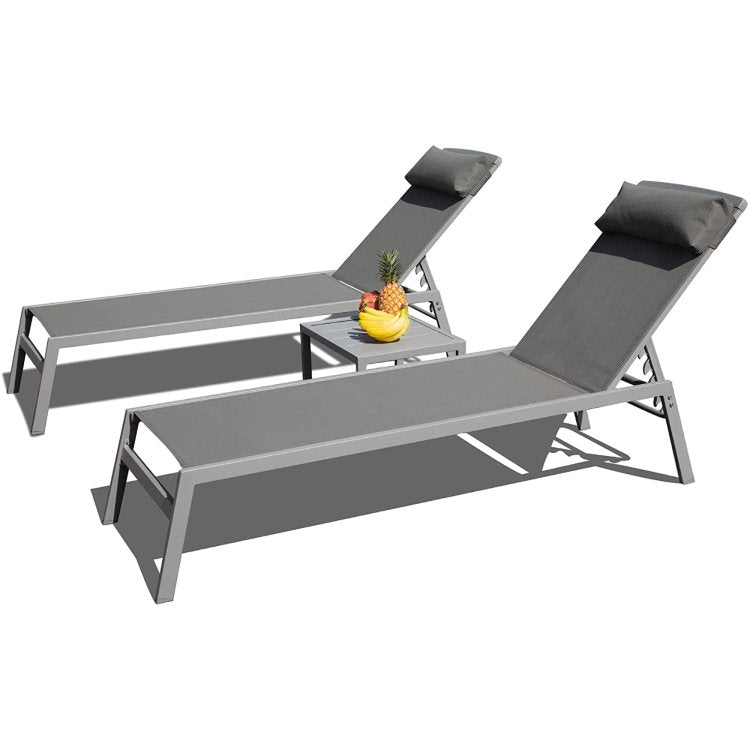 Patio Chaise Lounge Set, 3 Pieces Aluminum Adjustable Pool Lounge Chairs Textilene Sunbathing Recliner With Headrest Grey,2 Lounge Chairs 1 Table