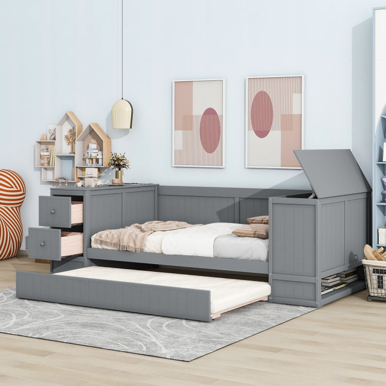 Twin Size Daybed With Storage Arms, Trundle And Charging Station, Gray