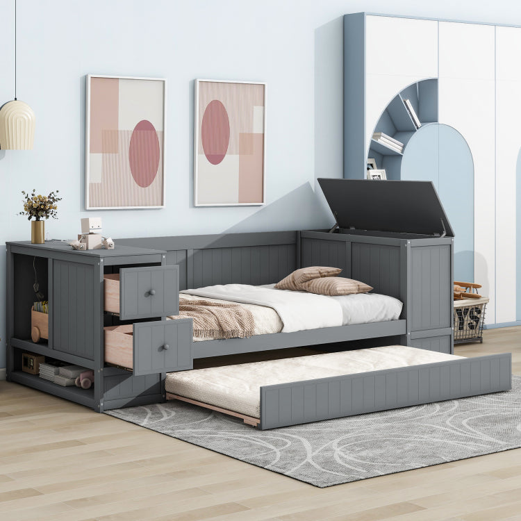 Twin Size Daybed With Storage Arms, Trundle And Charging Station, Gray