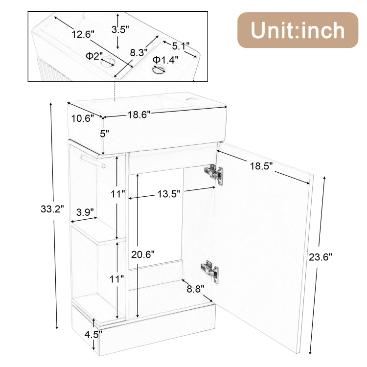 18.6" Bathroom Vanity With Sink, Bathroom Vanity Cabinet With Two Tier Shelf, Left Or Right Orientation, Black Wf308491 Color