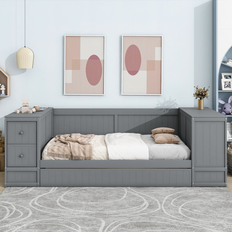 Twin Size Daybed With Storage Arms, Trundle And Charging Station, Gray