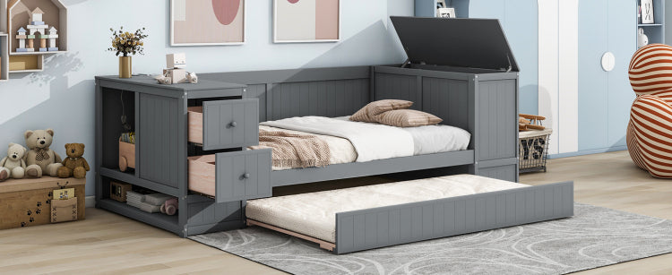 Twin Size Daybed With Storage Arms, Trundle And Charging Station, Gray