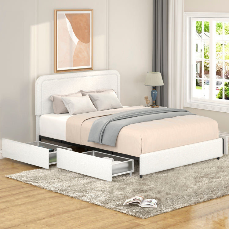 Liv Queen Size Ivory Boucle Upholstered Platform Bed With Patented 4 Drawers Storage, Curved Stitched Tufted Headboard, Wooden Slat Mattress Support, No Box Spring Needed
