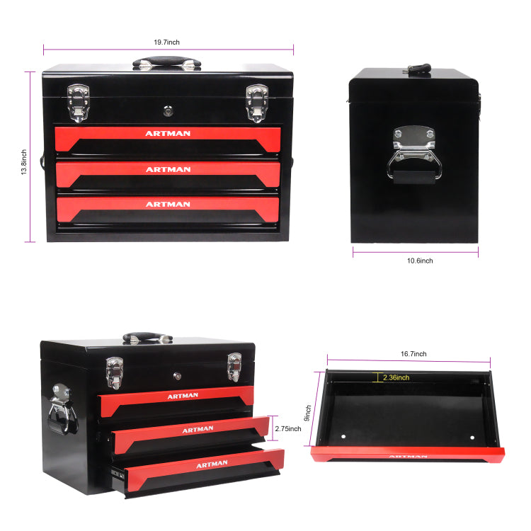 20" Portable 3 Drawer Steel Tool Box With Metal Latch Closure, Black&Red