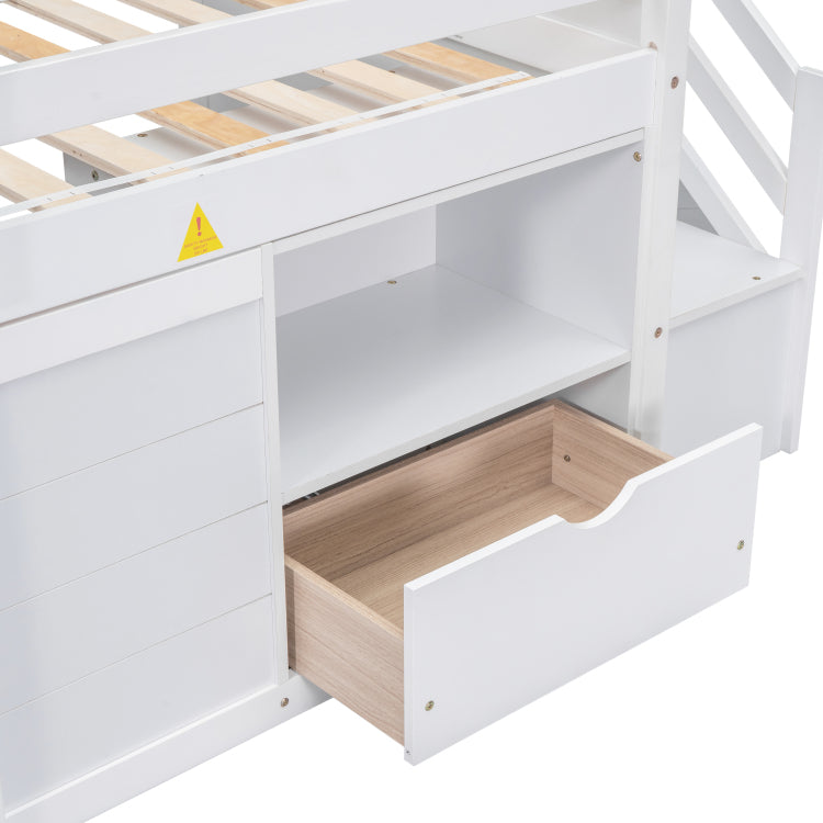 Twin Bed, Solid Wood Twin Size Low Loft Bed With Stair, Drawer, And Shelf Of White Color