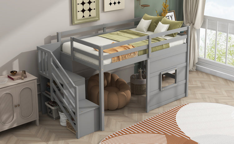 Twin Size Loft Bed With Storage Staircase And Window, With Led Light, Gray