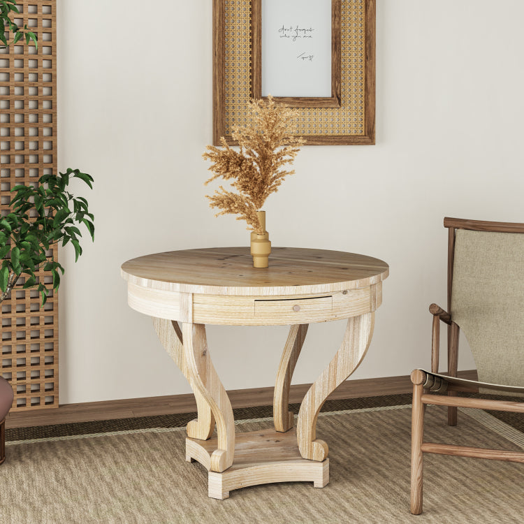 Curved Legs Farmhouse Style Small Size Round Dining Table End Table Side Table Coffee Table For Dinette, Kitchen, Dining Room Or Living Room, Natural Wood Grain Distressed