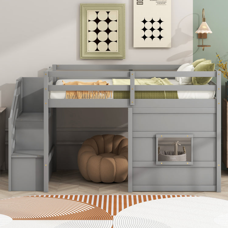 Twin Size Loft Bed With Storage Staircase And Window, With Led Light, Gray