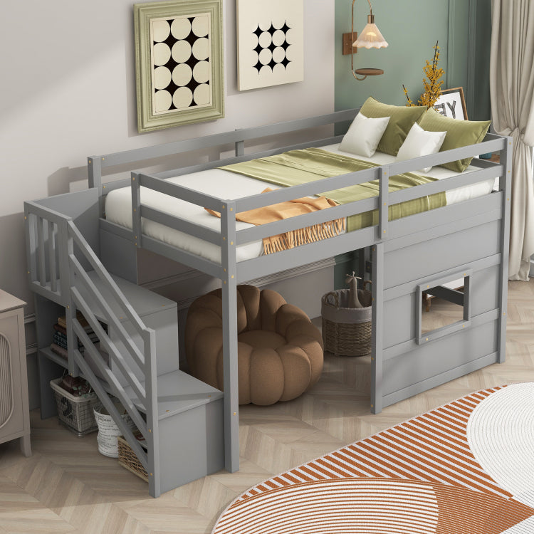 Twin Size Loft Bed With Storage Staircase And Window, With Led Light, Gray