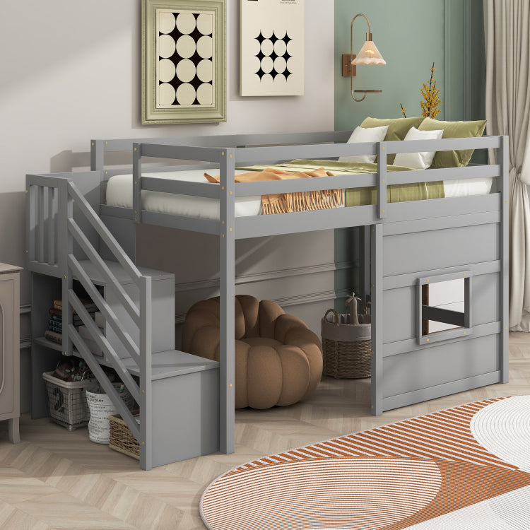 Twin Size Loft Bed With Storage Staircase And Window, With Led Light, Gray